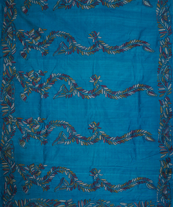 Navy blue tussar silk hand embroidery kantha stitch saree