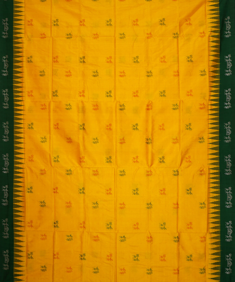 Golden yellow dark green handwoven silk bomkai saree