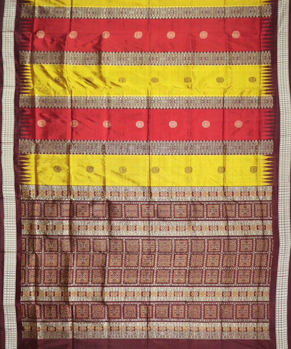 Yellow and red striped handwoven silk bomkai saree