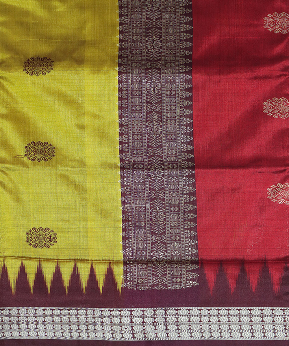 Yellow and red striped handwoven silk bomkai saree