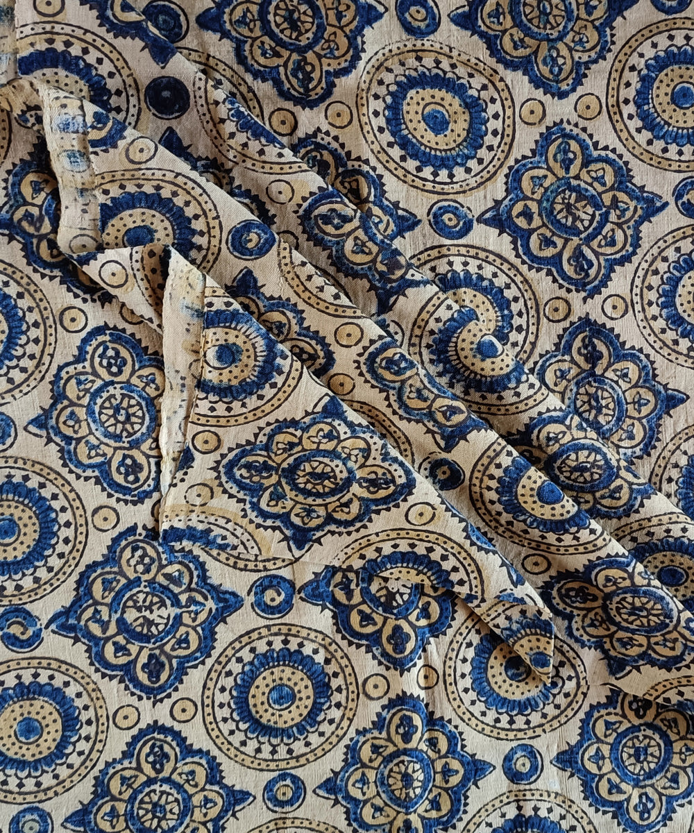 2.5m Cream blue handspun handwoven cotton ajrakh print kurta material