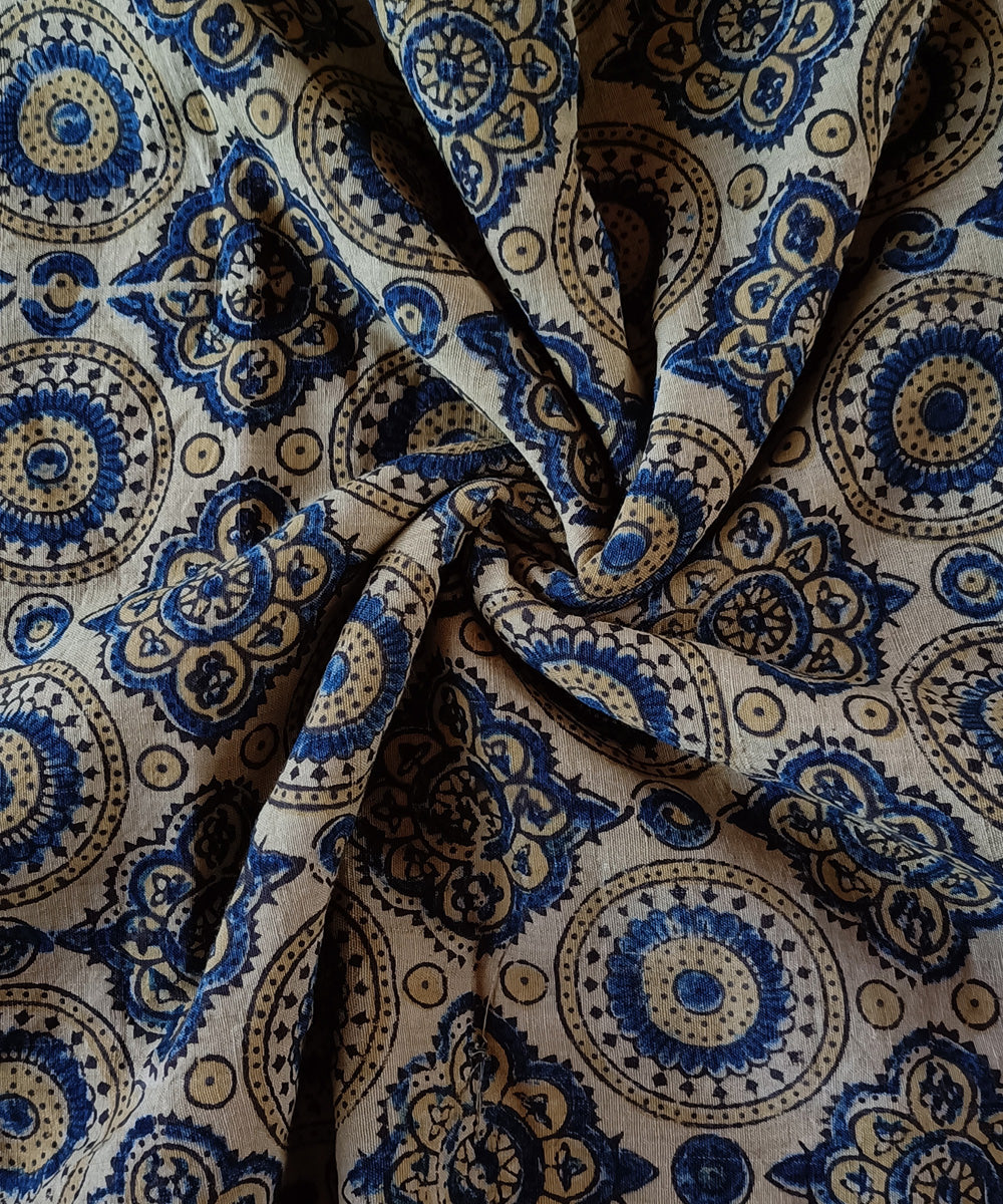 2.5m Cream blue handspun handwoven cotton ajrakh print kurta material