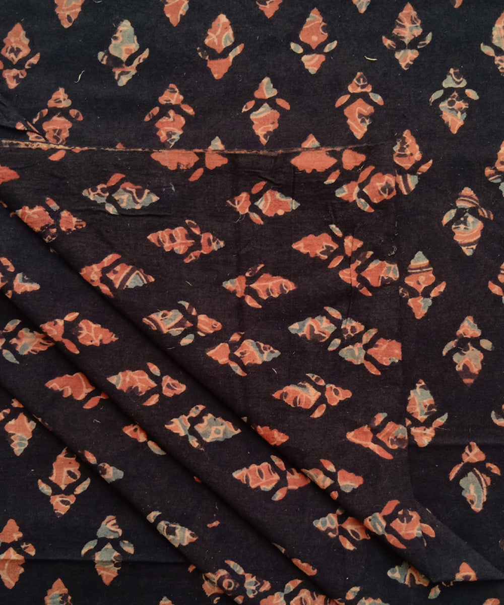 2.5 m Black orange handspun hand woven cotton ajrakh kurta material