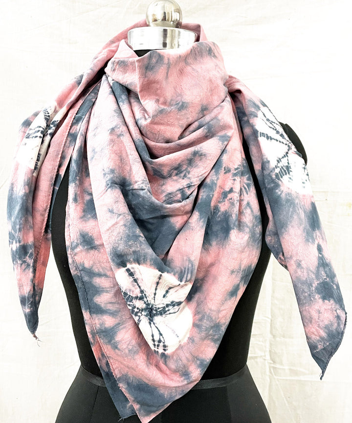 Grey pink hand printed tie dye cotton scarf