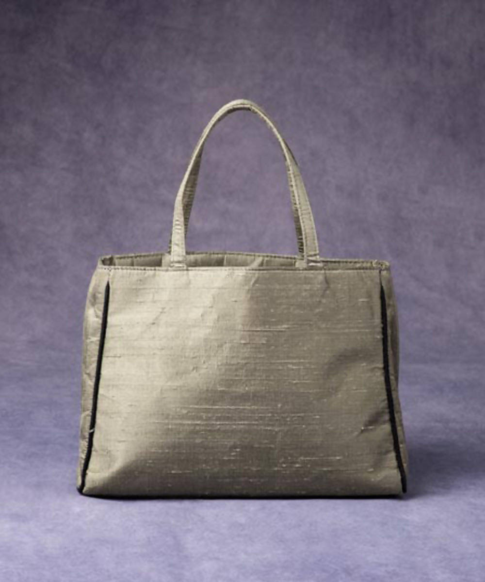 Dark vanilla hand made silk tote bag with leather and handle