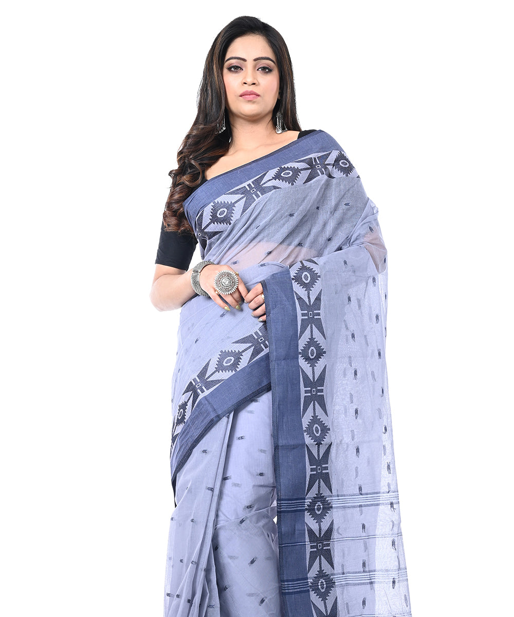 Bluish grey handwoven cotton shantipuri saree