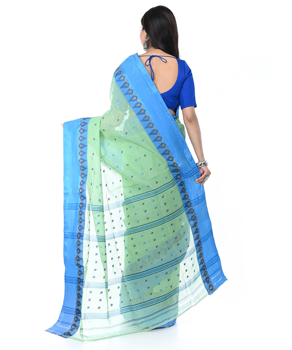 Light green blue handwoven cotton shantipuri saree