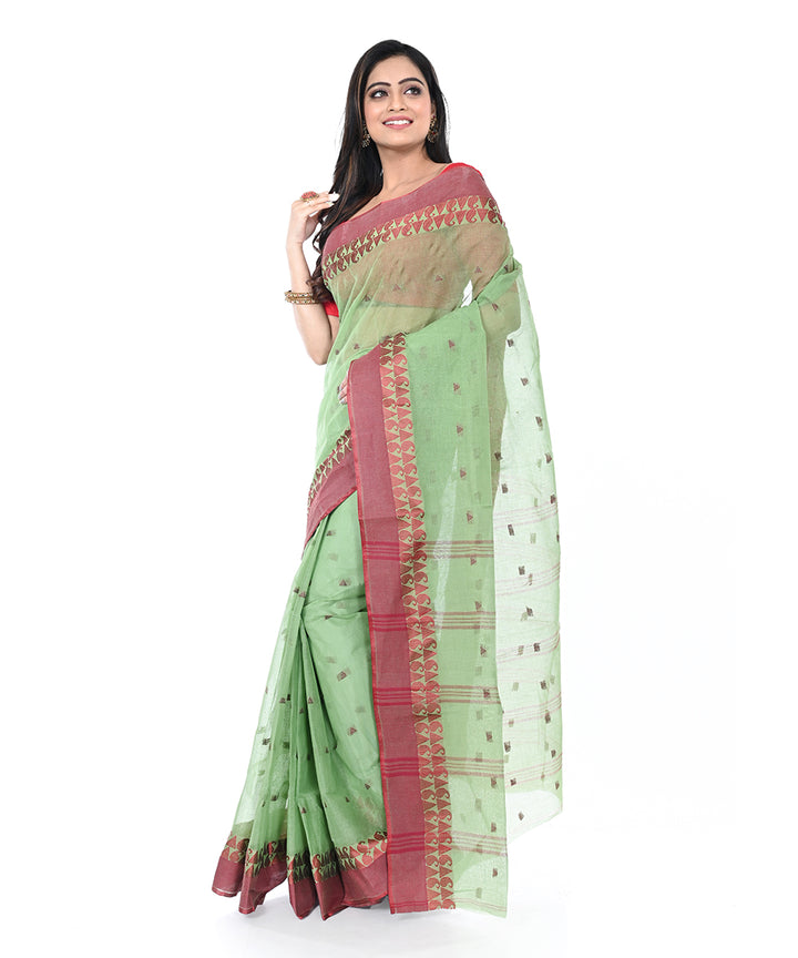 Light green and red handwoven cotton shantipuri saree