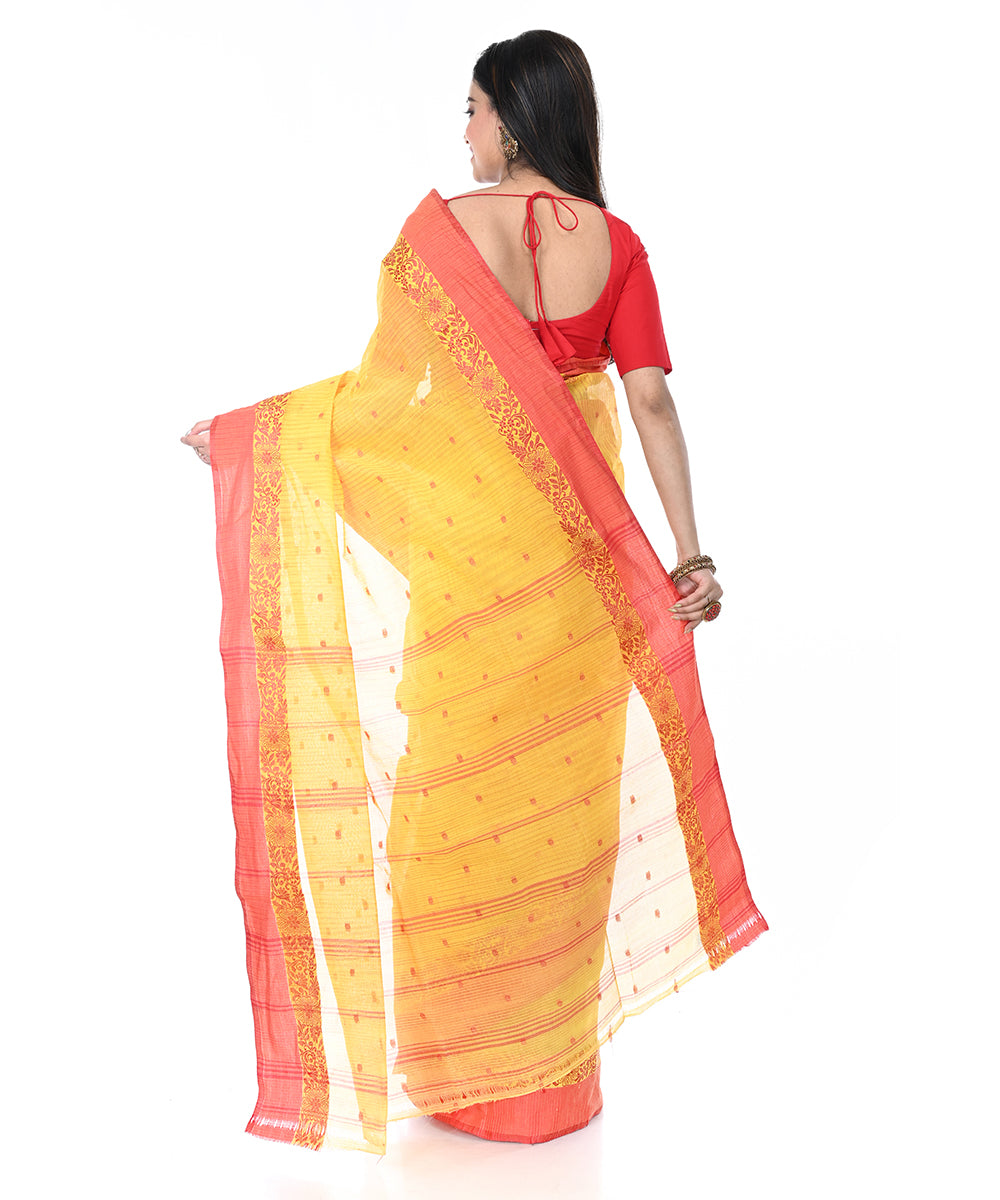 Yellow red handwoven cotton shantipuri saree