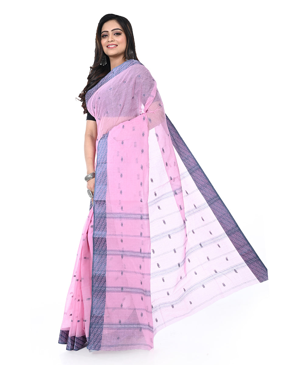 Pink blue handwoven cotton shantipuri saree