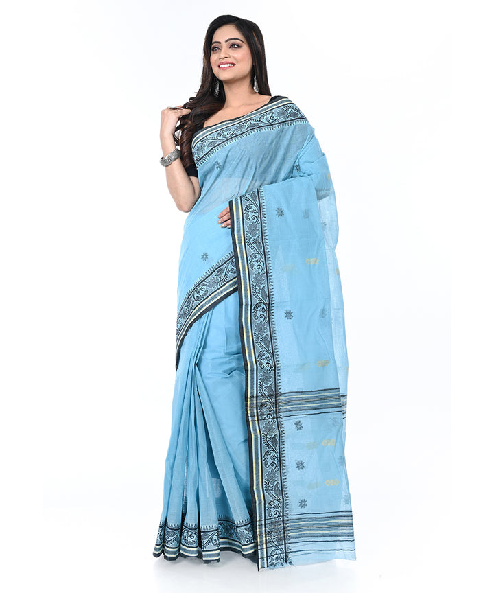 Sky blue handwoven cotton shantipuri saree