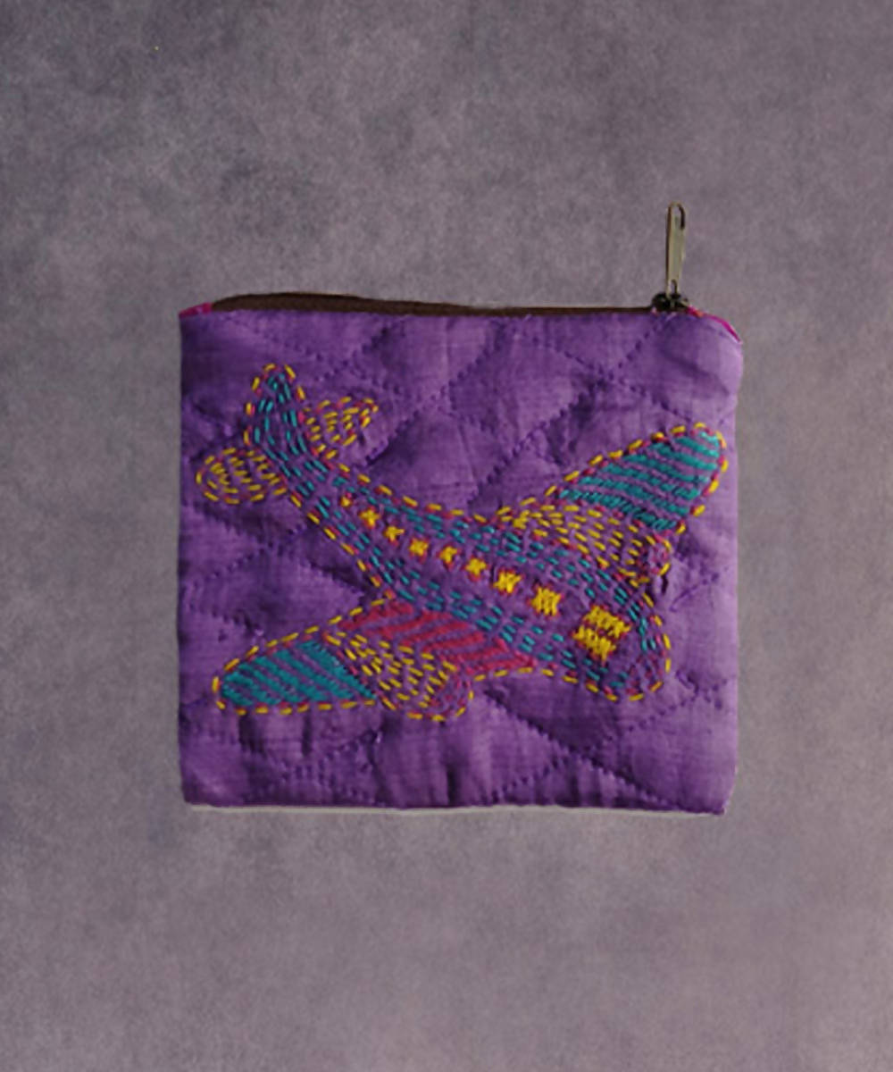 Purple hand made kantha stitch silk coin purse