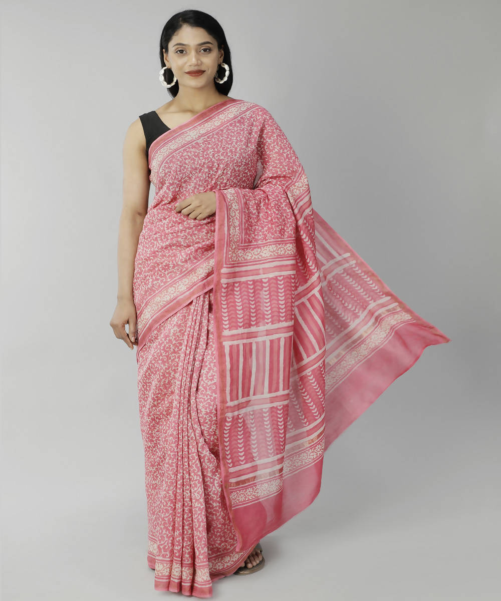 Pink bagru handblock printed cotton silk saree