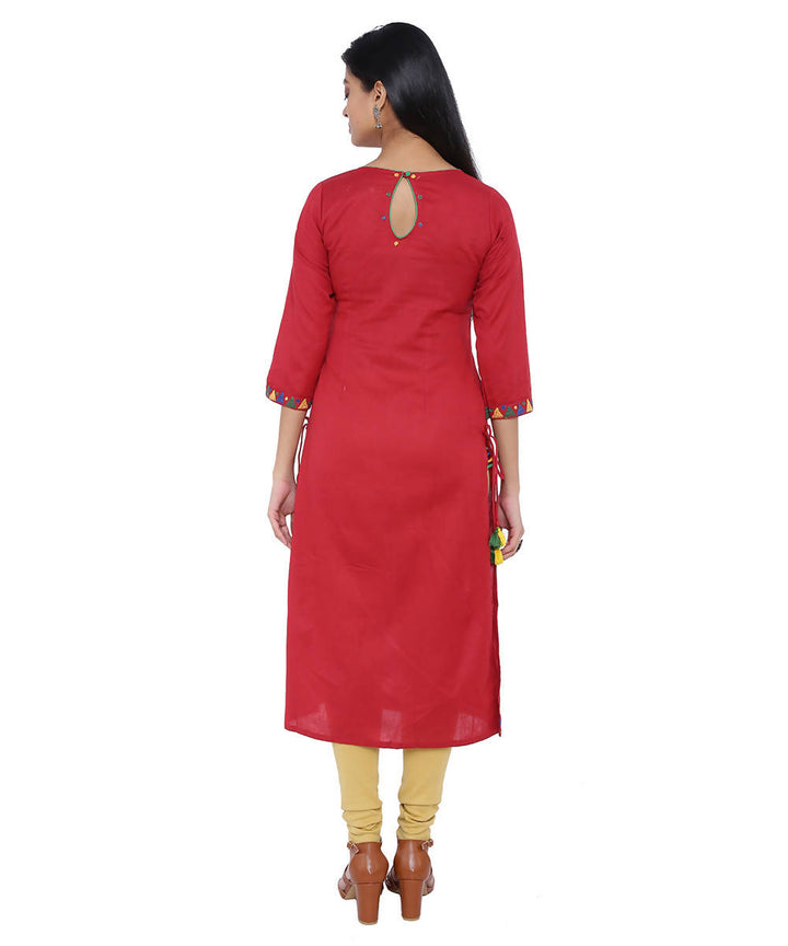 Red linen straight kurta with side detail dori