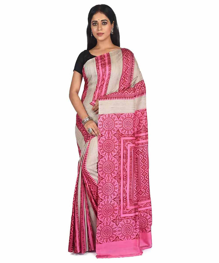 Pink block printed handloom mulberry silk with tussar stripe saree
