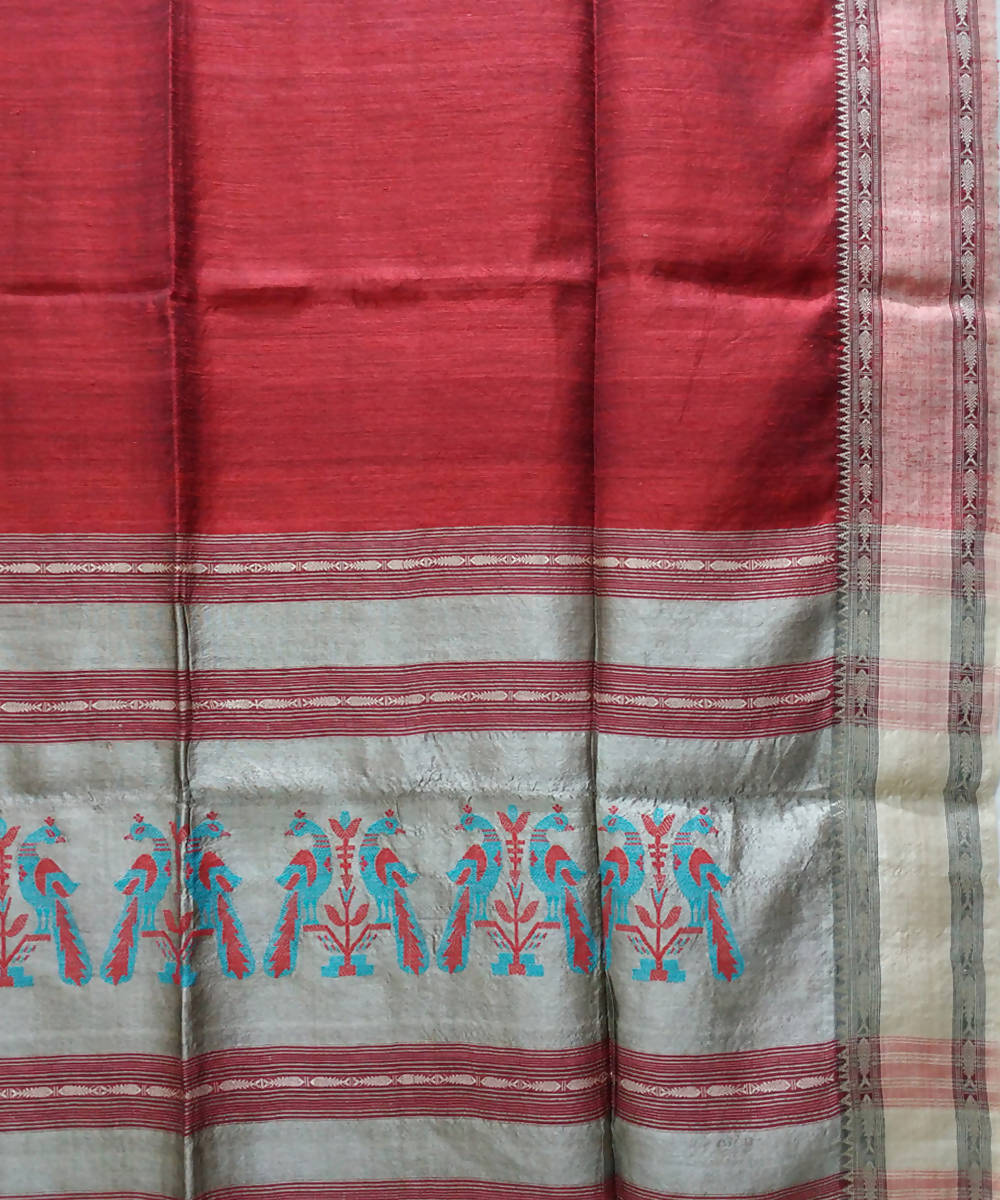 Handwoven bengal tussar silk dark red saree