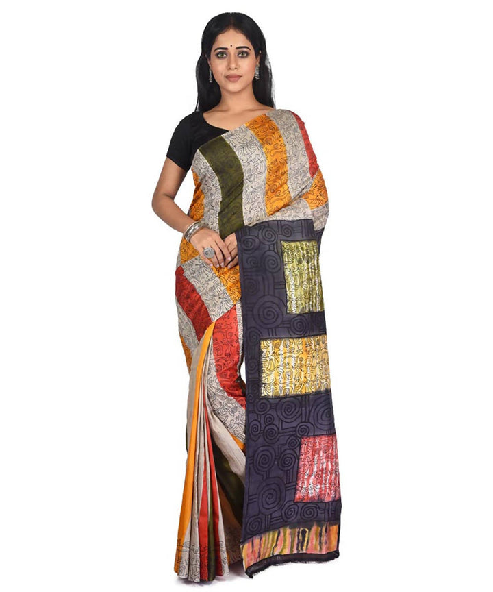 Multicolor stripe printed handloom silk with tussar stripe saree