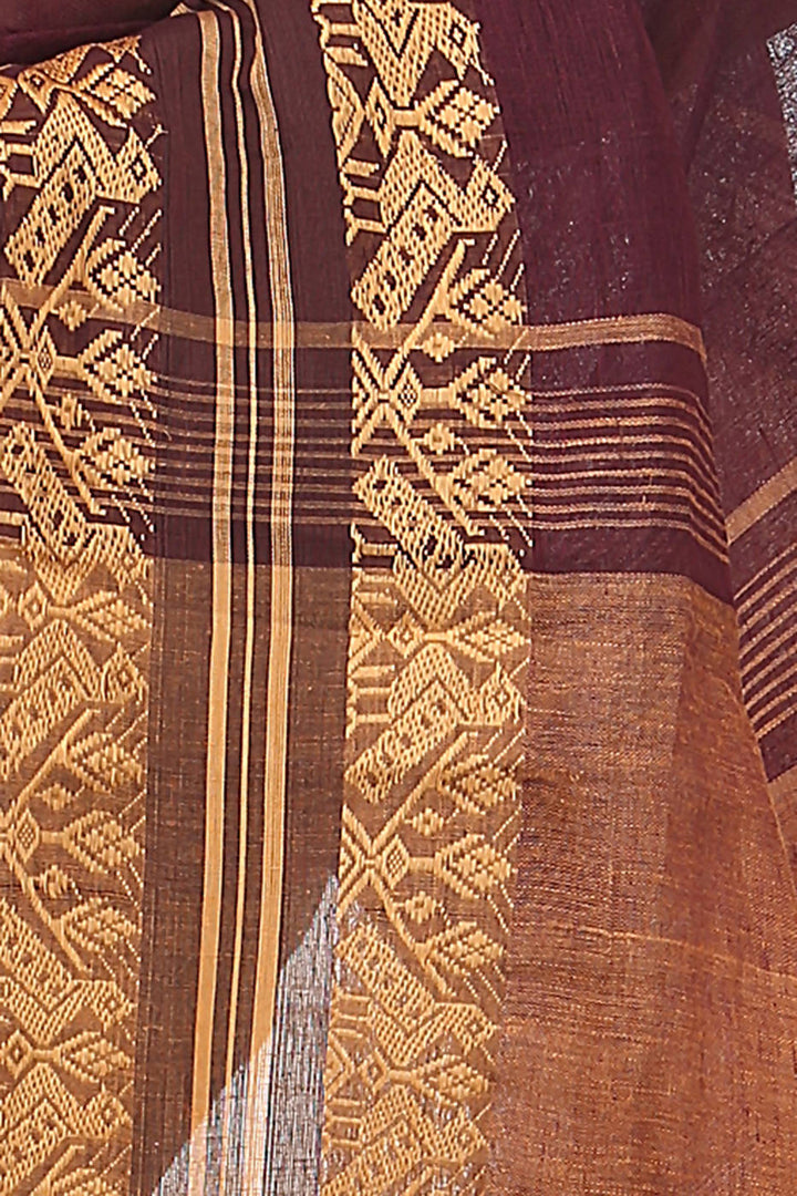 Dark maroon handloom bengal cotton and linen saree