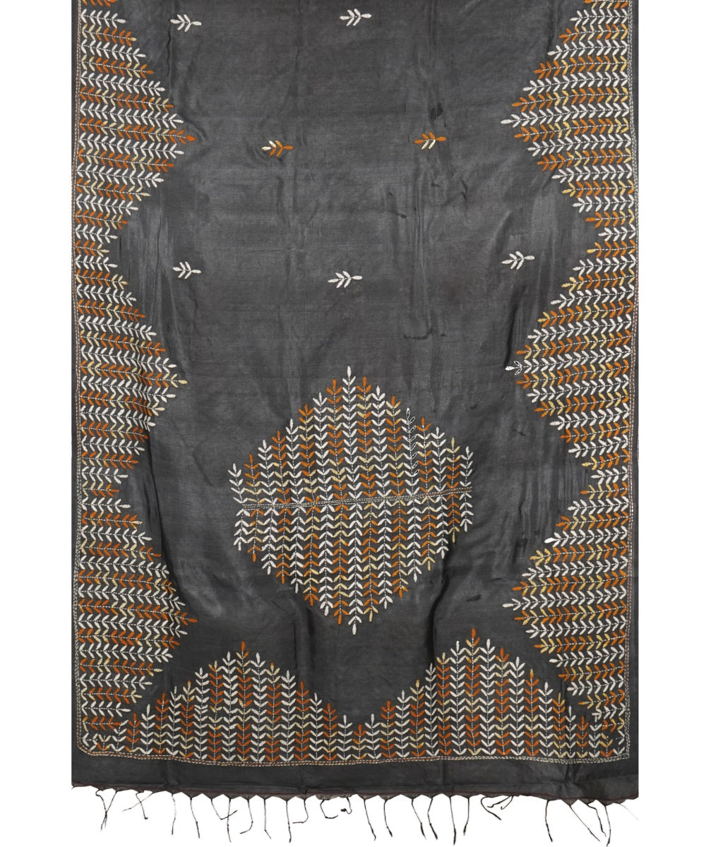 Tantuja black handloom cotton hand embroidery kantha stitch saree