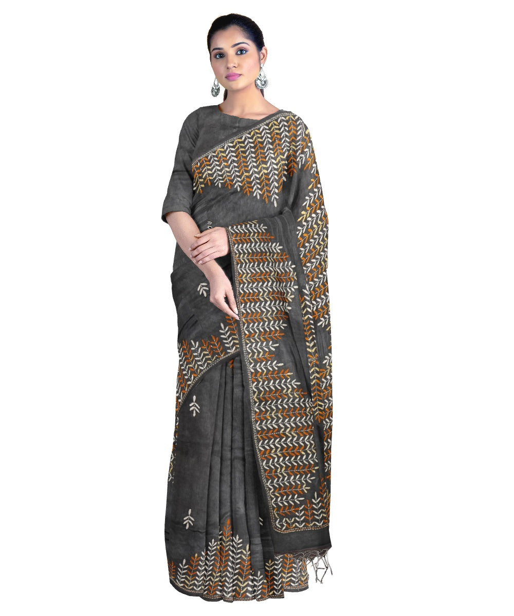 Tantuja black handloom cotton hand embroidery kantha stitch saree