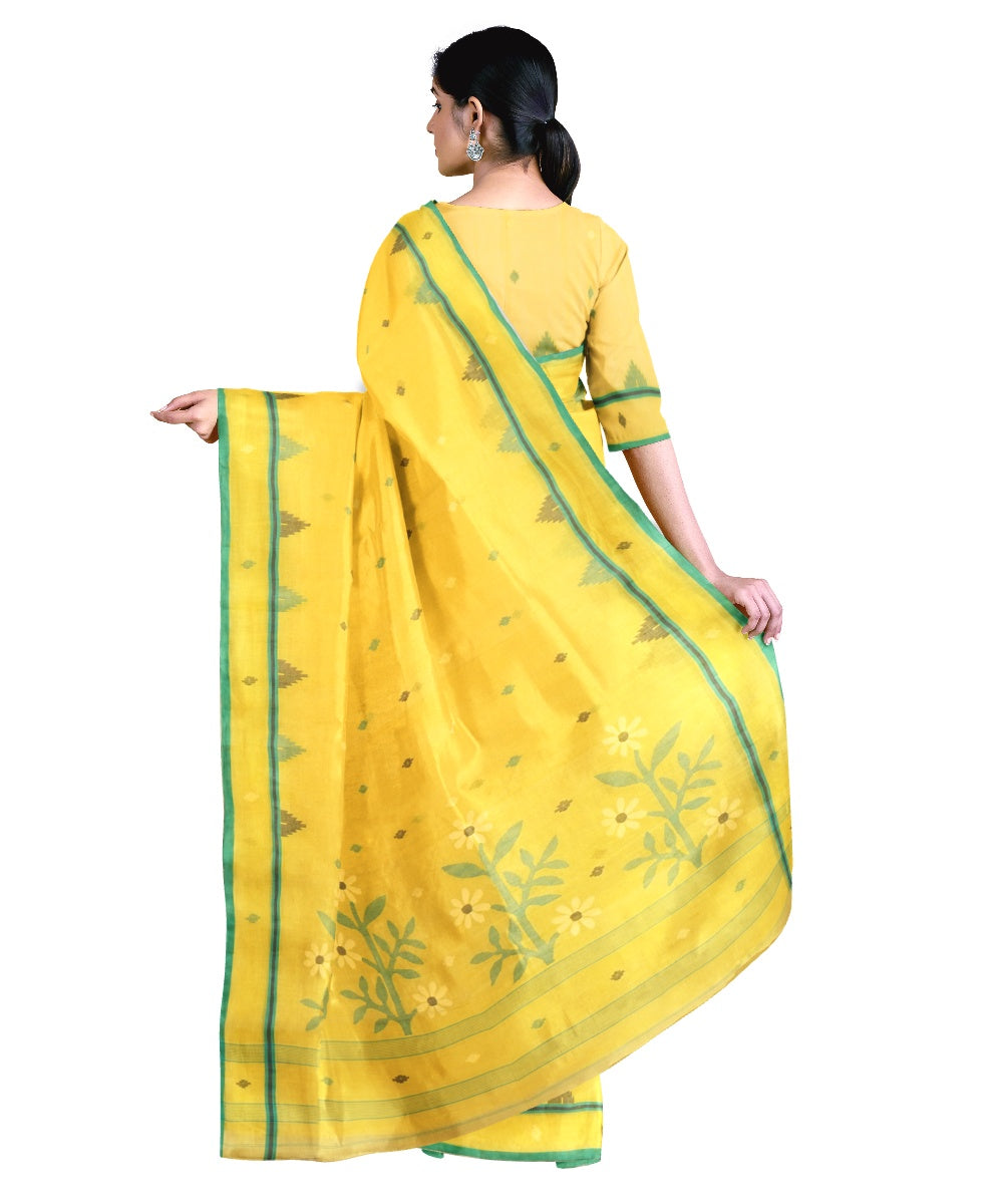 Tantuja yellow and green handloom cotton jamdani saree