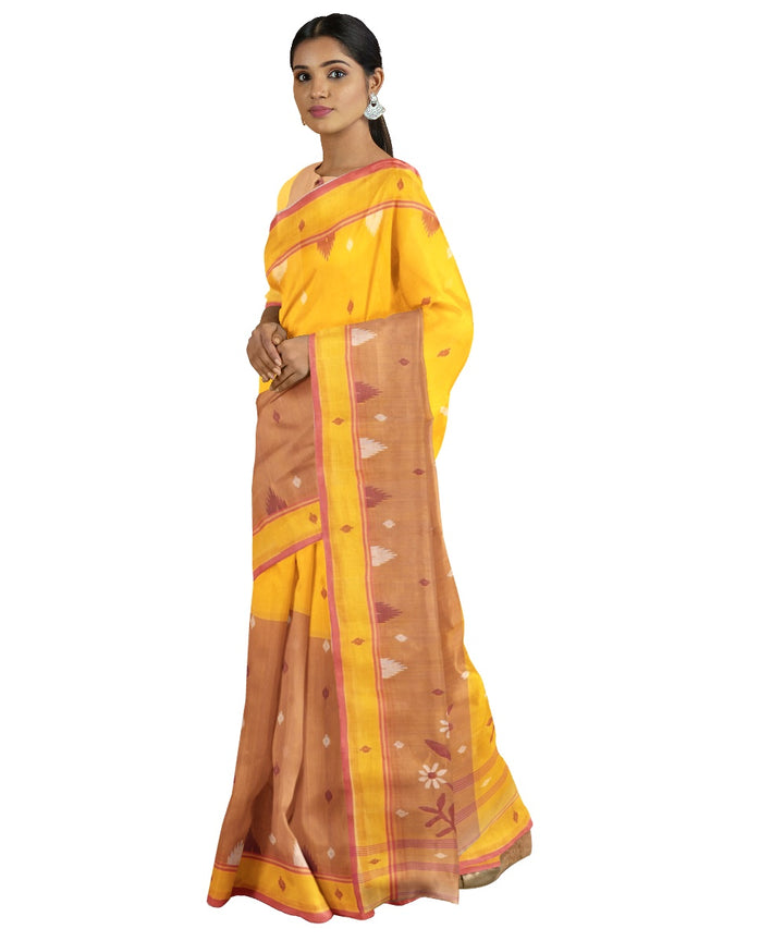 Tantuja brown yellow handloom cotton jamdani saree