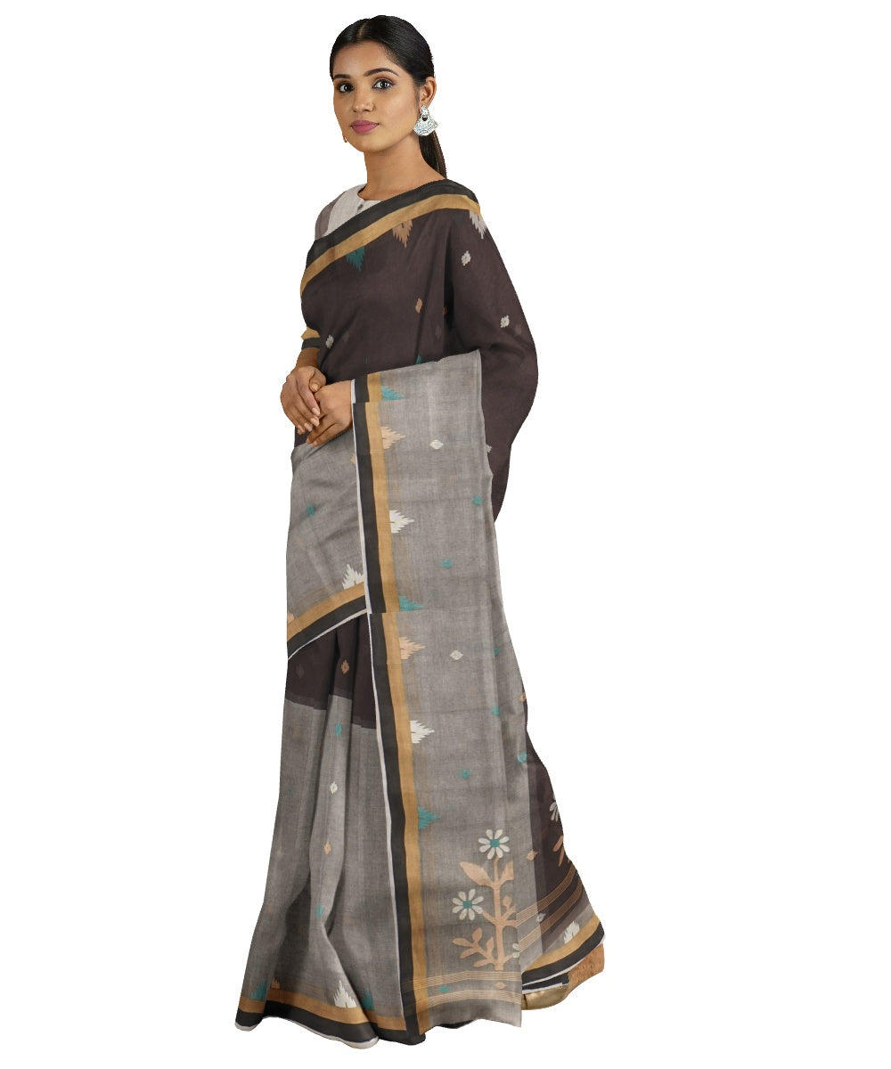Tantuja dark brown grey handloom cotton jamdani saree