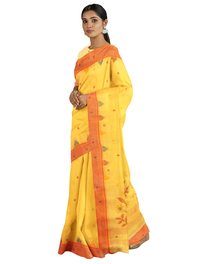 Tantuja yellow red handloom cotton jamdani saree