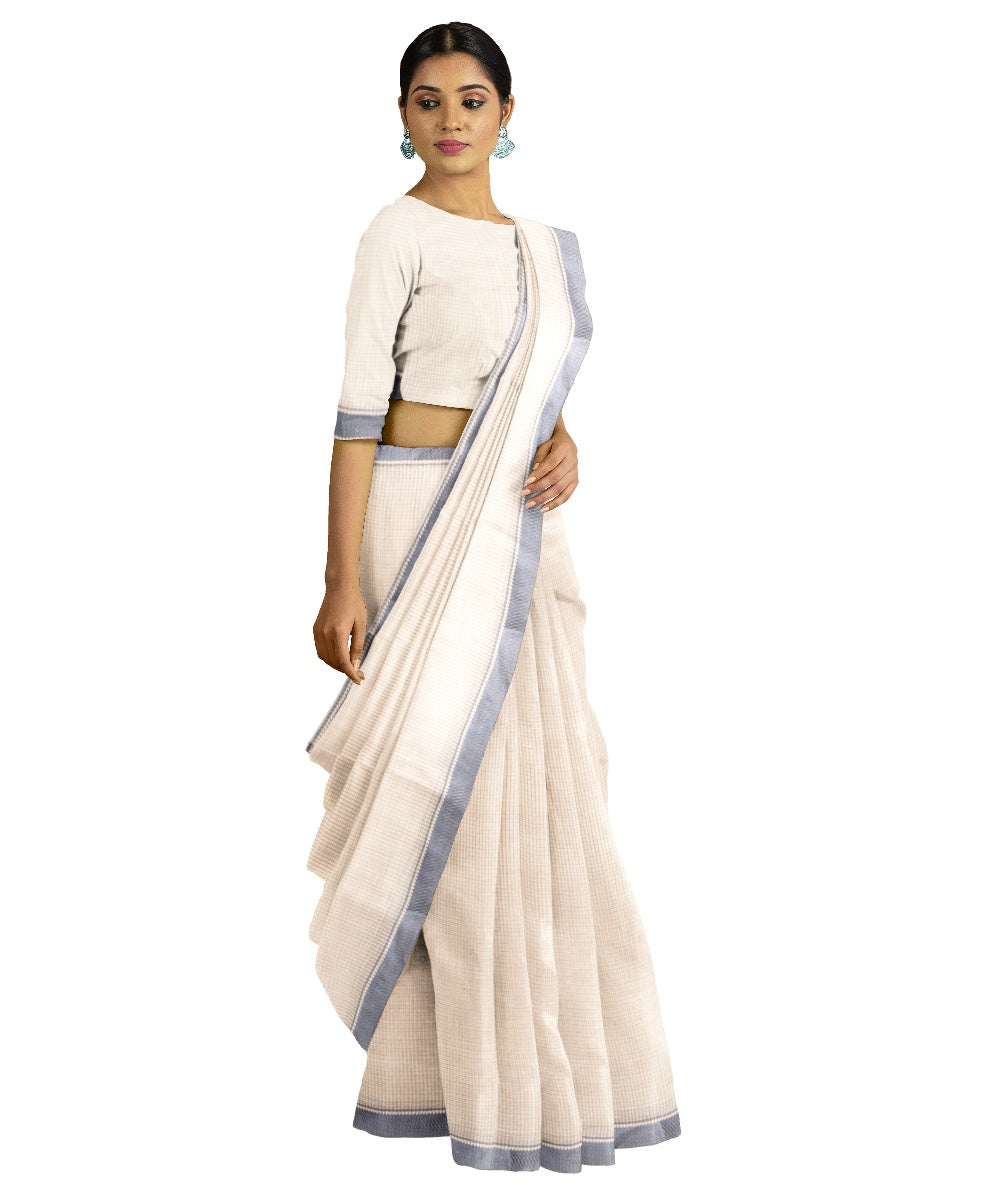 Tantuja beige blue handloom cotton saree