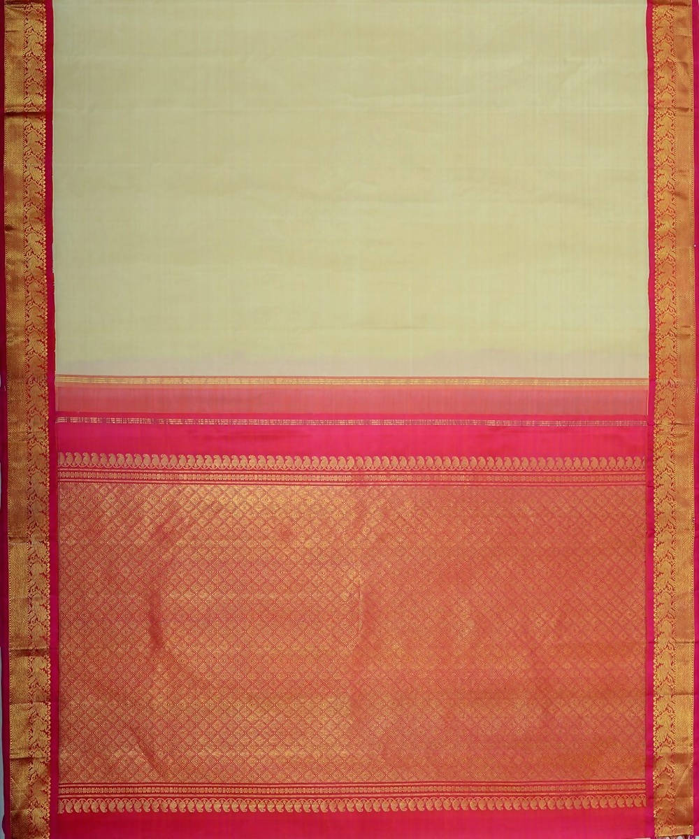 Off white and pink handloom kanjivaram bridal silk saree