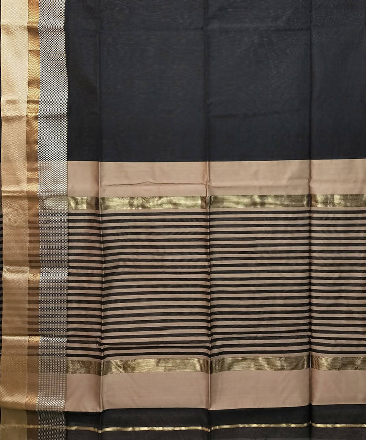 Charcoal black gold handwoven cotton silk maheshwari saree
