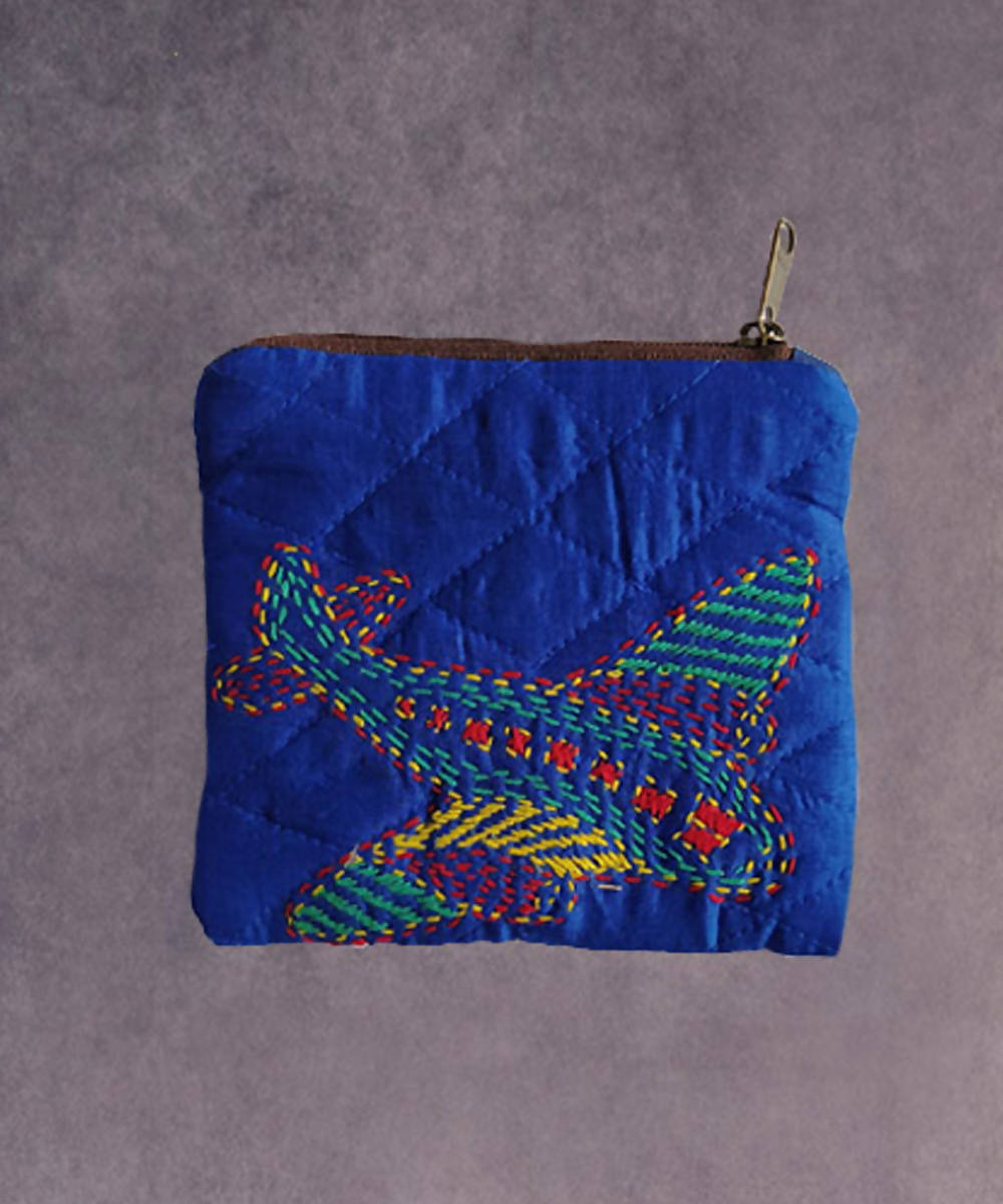 Blue hand made kantha stitch silk coin purse