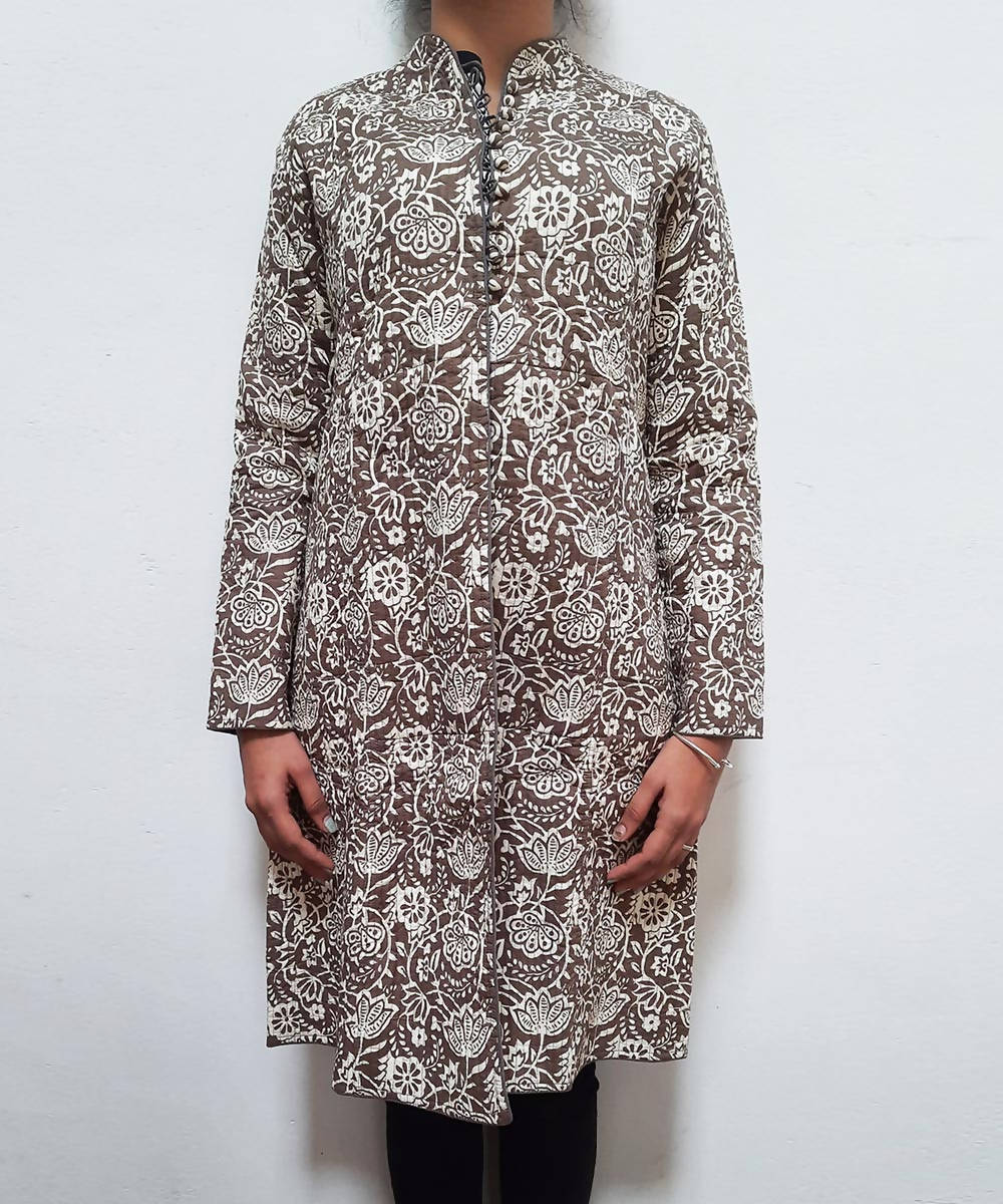 Taupe grey handblock printed cotton quilted long jacket
