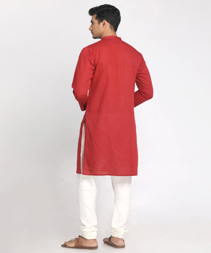 Red cotton straight long kurta with side button