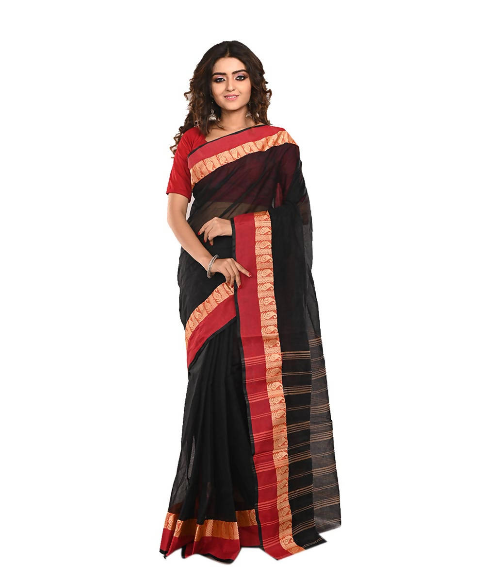 Black Red Bengal Handloom Cotton Saree