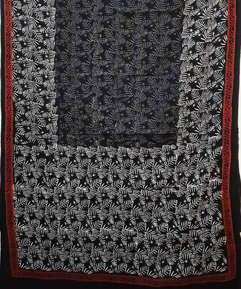 Black grey white hand block print cotton saree