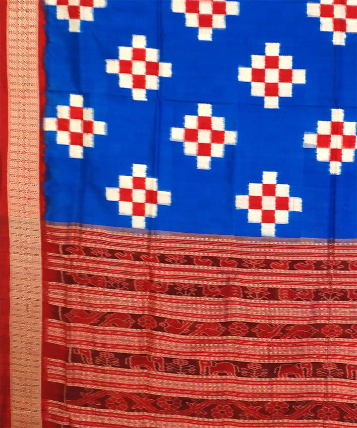 Blue and maroon handwoven ikat silk bomkai saree
