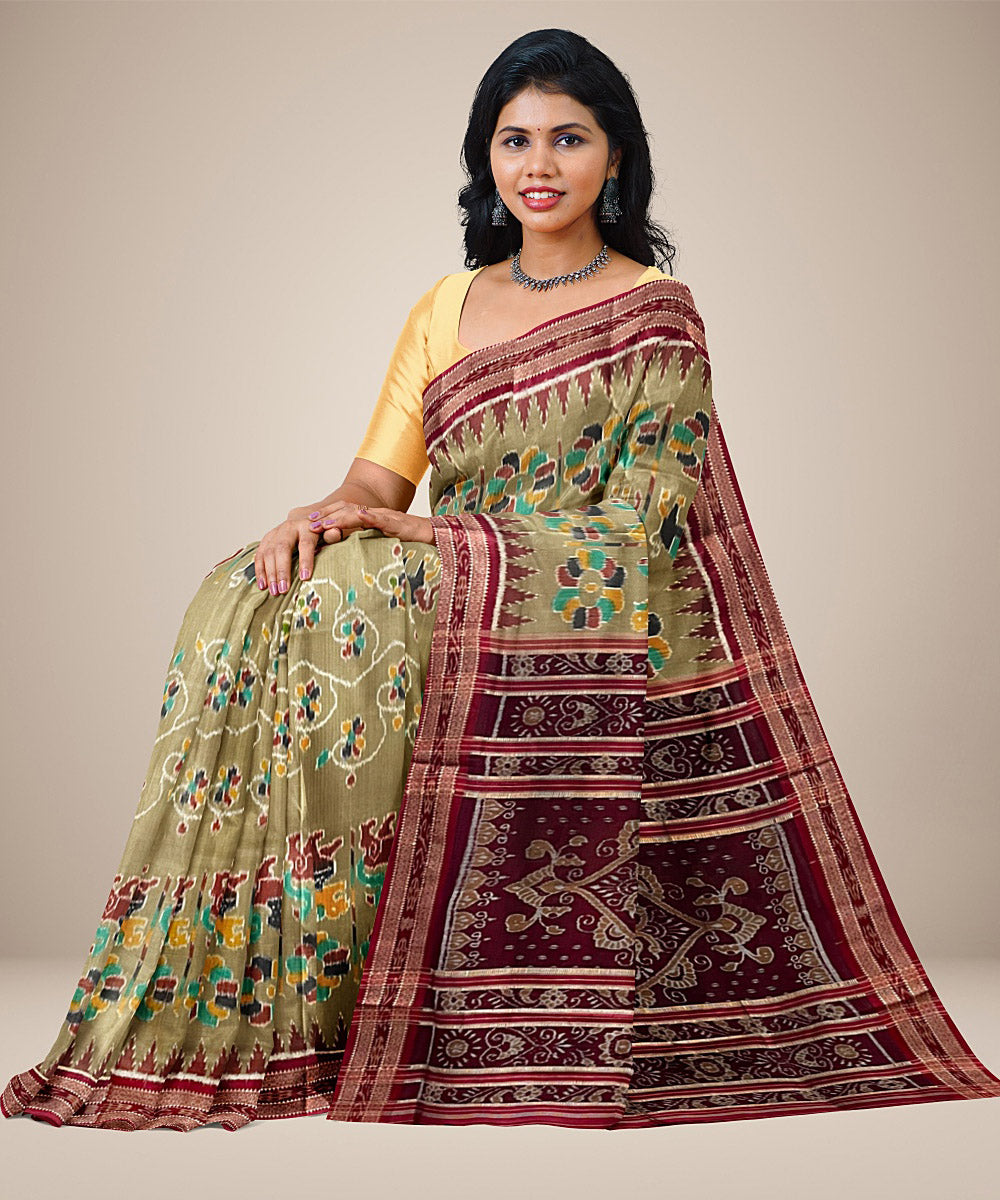 Camel brown nature motif cotton silk handwoven khandua saree
