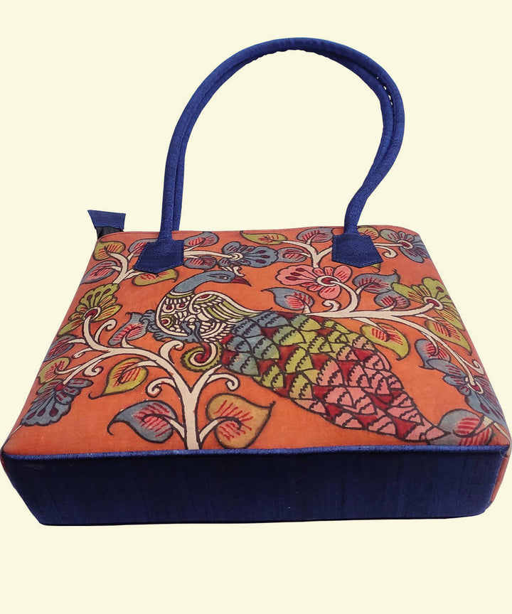 Blue with orange Kalamkari Ghicha silk cotton Kalamkari Panel Tote Bag