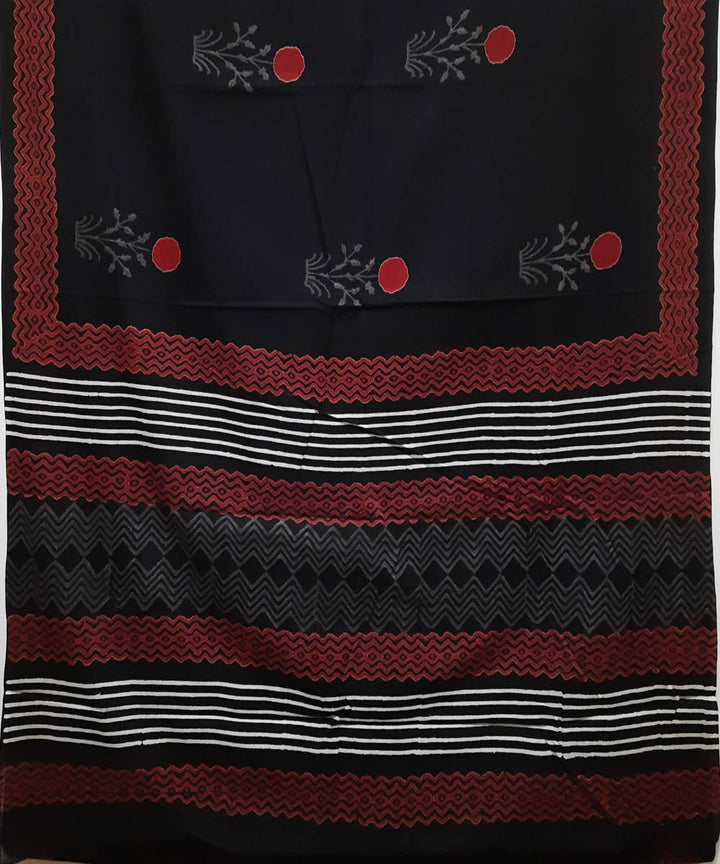Black white red hand block printed cotton saree