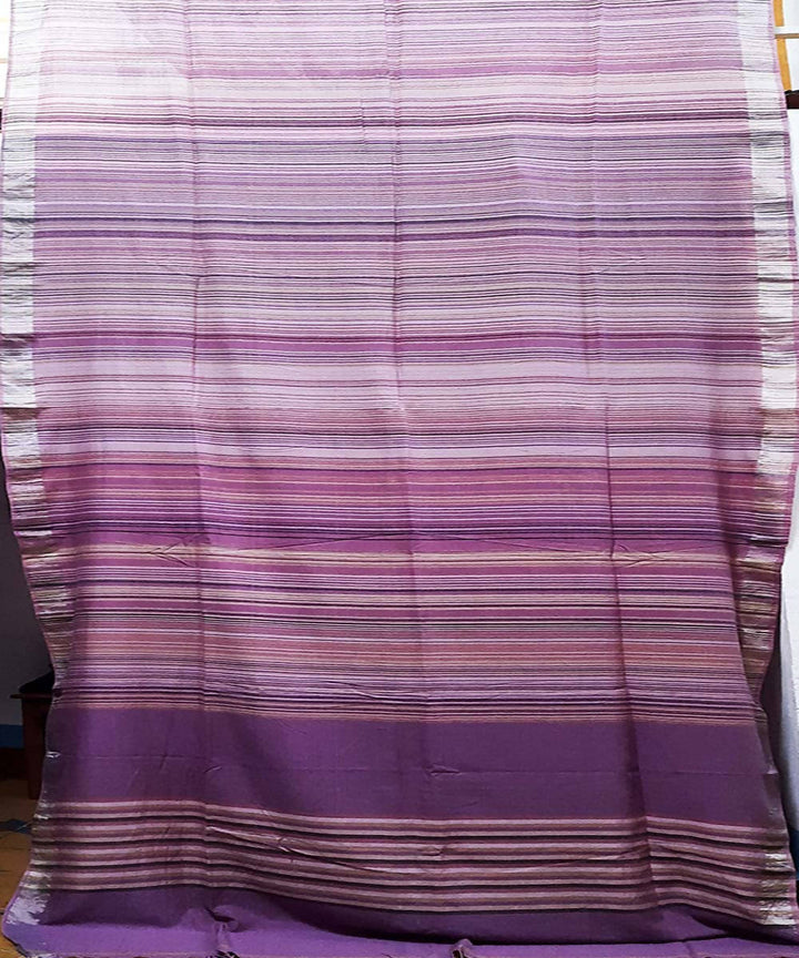 Purple pink variegated striped muslin saree
