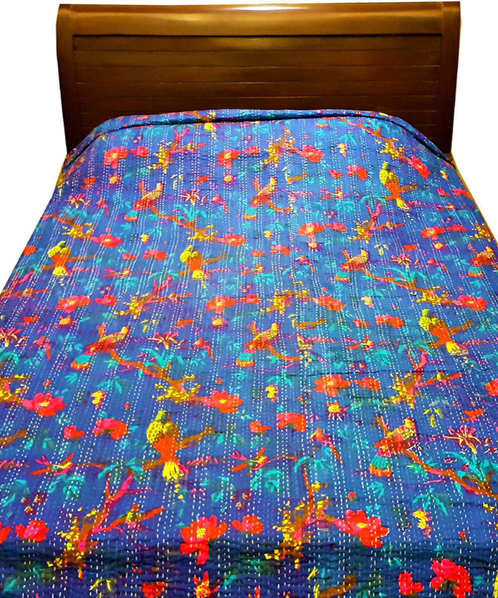 Navy blue kantha work double layered cotton bedcover (Double Bed)