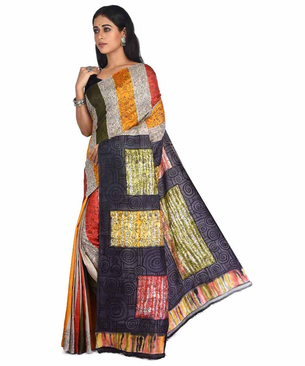 Multicolor stripe printed handloom silk with tussar stripe saree