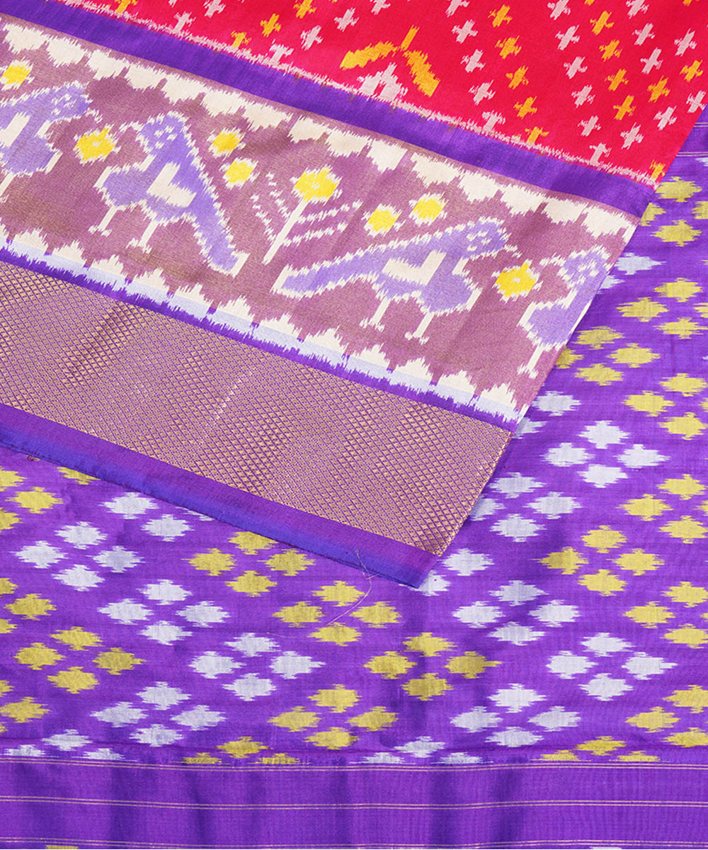 Red pink and lavender silk handwoven pochampally ikat saree