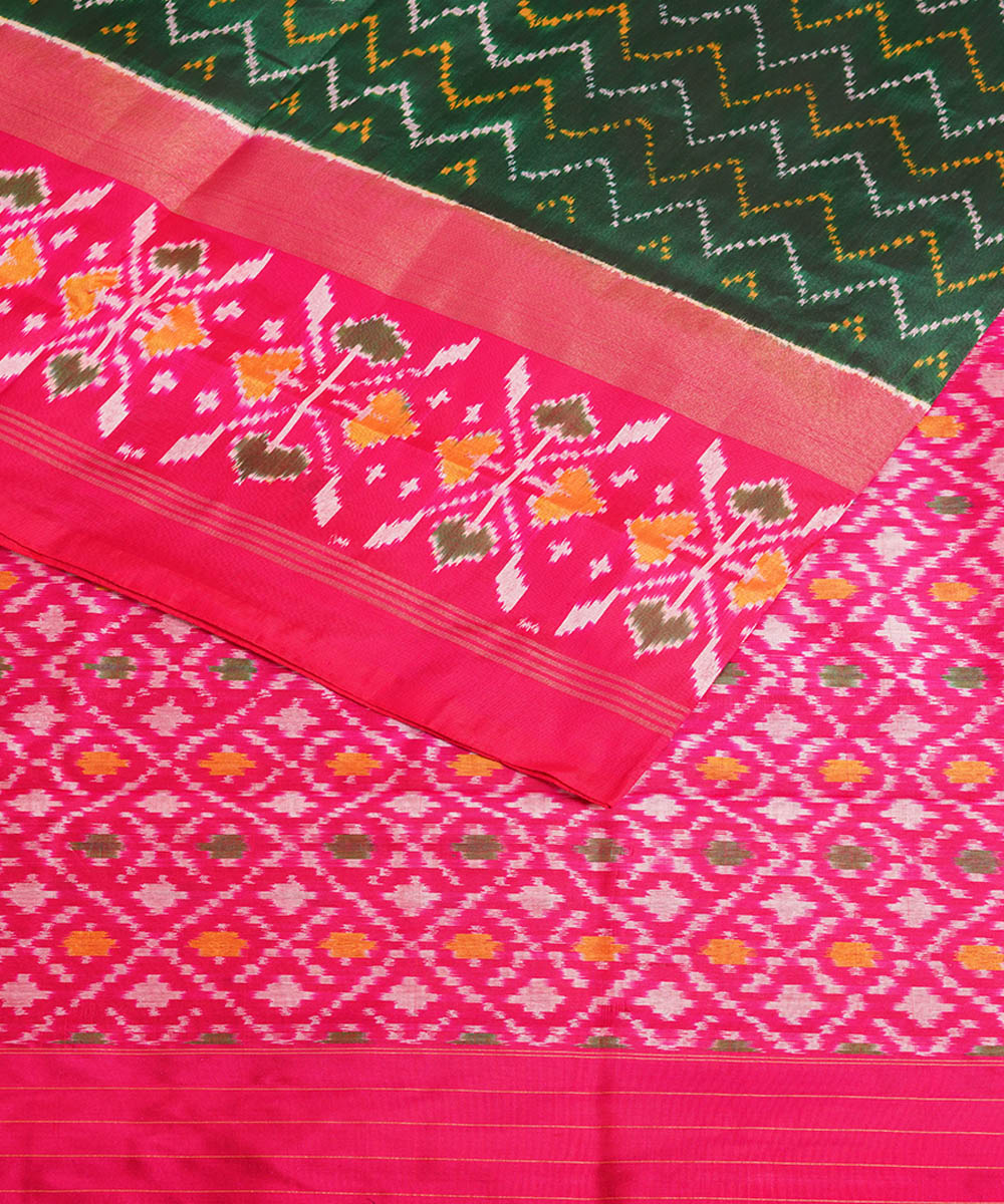 Dark green pink silk handwoven pochampally ikat saree