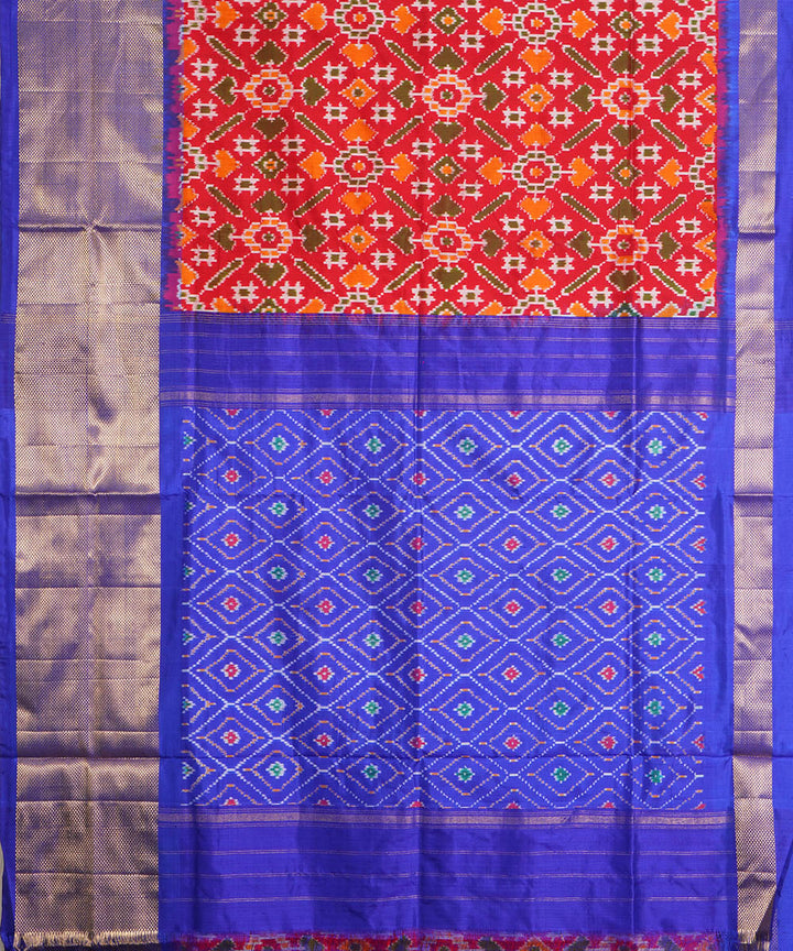 Red orange and blue silk handwoven pochampally ikat saree