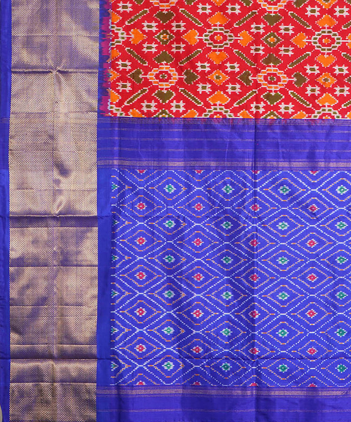 Red orange and blue silk handwoven pochampally ikat saree