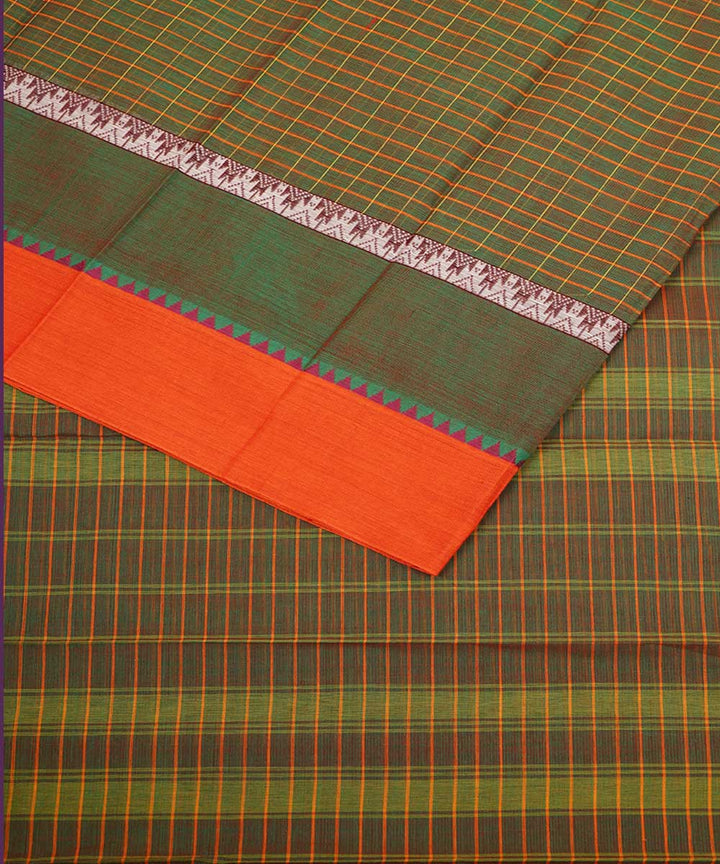 Double shade green checks cotton handwoven narayanapet saree