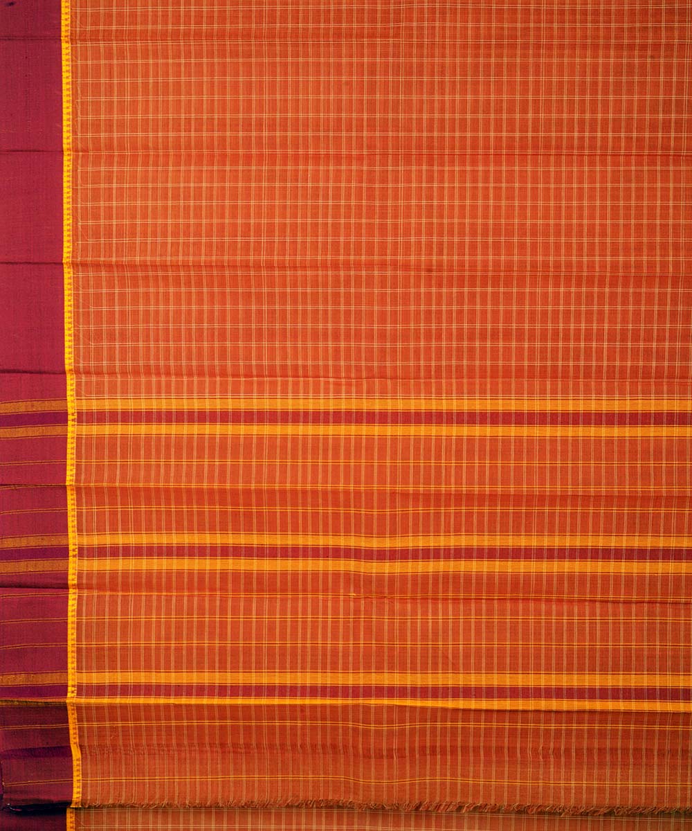 Orange yellow checks cotton handwoven narayanapet saree