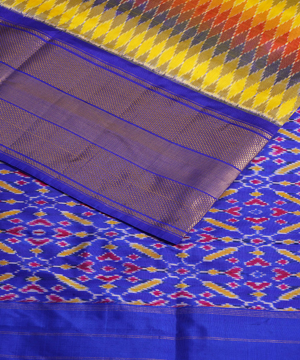Multicolor and blue silk handwoven pochampally ikat saree
